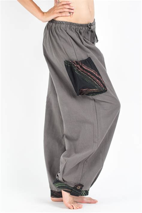 Thai Cotton Women Drawstring Pants With Hill Tribe Trim Gray Harem Pants