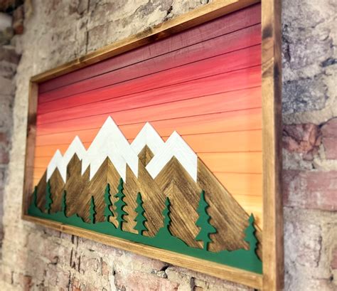 Rustic Sunset With Trees Rustic Mountain Wood Wall Art Wall Etsy