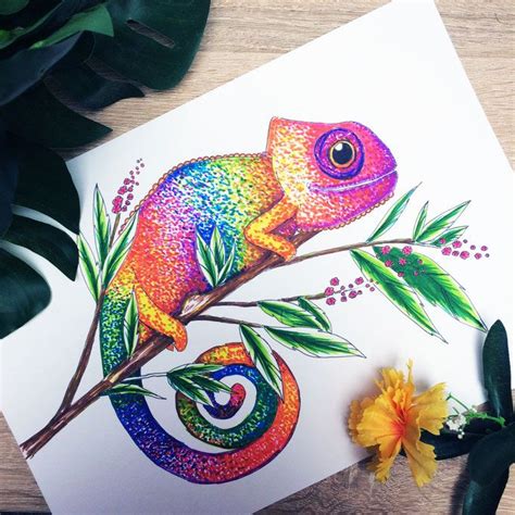 Animal Illustration Chameleon Drawing Waterbased Markers Rainbow Art