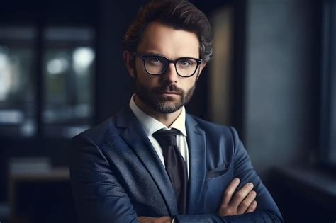 Un hombre con traje gafas y corbata se para en una habitación oscura