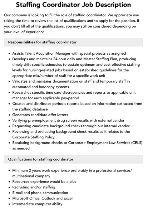 Staffing Coordinator Job Description Velvet Jobs