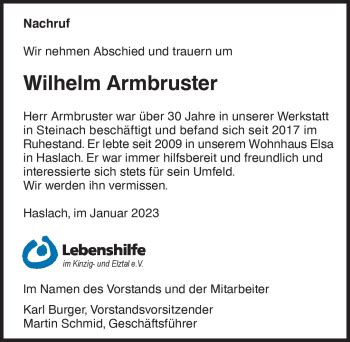 Traueranzeigen Von Wilhelm Armbruster Schwarzw Lder Bote Trauer