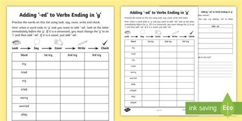 Adding Ed To Words Ending In Y Primary Resources