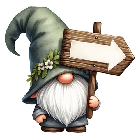 Cute Gnome Holding Arrow Sign Clipart Watercolors Stock Photo