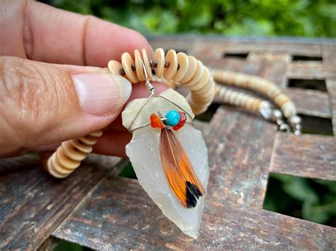 Orange Spiny Oyster Bead Necklace With Arrowhead Pendant Shell Jewelry