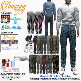 Second Life Marketplace - AmAzInG CrEaTiOnS Men's Golfer Outfit 01 Pant,sneakers,hat,top