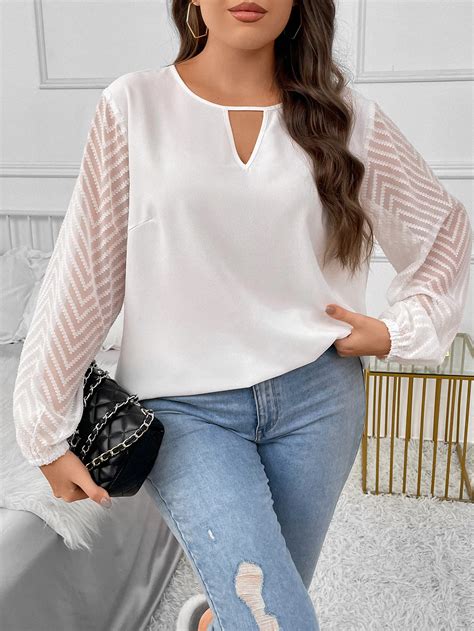 Plus Keyhole Neckline Contrast Mesh Lantern Sleeve Blouse