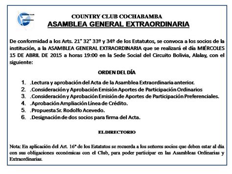 Convocatoria Asamblea Extraordinaria Country Club Cochabamba