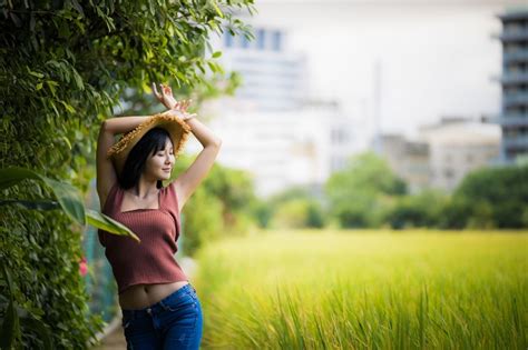 K Asian Bokeh Branches Pose Belly Singlet Hands Hat Brunette