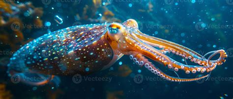 A Close Up Of Orange Glowing Deep Sea Squid Under The Ocean 42704211
