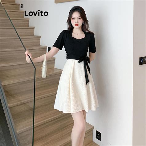 Lovito Vestido Elegante Liso Colorblock Para Mulheres Lne Shopee