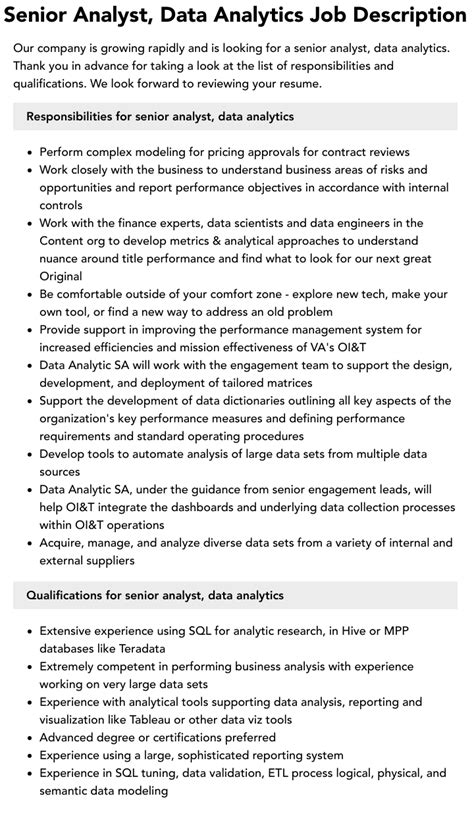 Senior Analyst Data Analytics Job Description Velvet Jobs