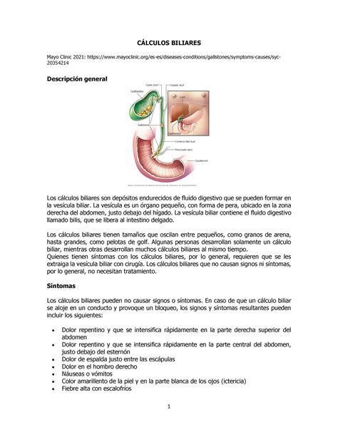 Cálculos Biliares CÁLCULOS BILIARES Mayo Clinic 2021 Studocu