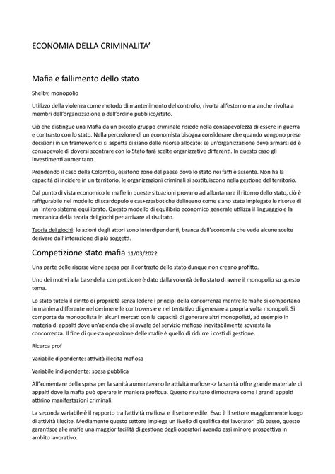 Economia Della Criminalit Economia Della Criminalita Mafia E