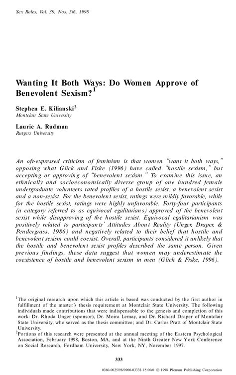 Pdf Wanting It Both Ways Do Women Approve Of Benevolent Sexism