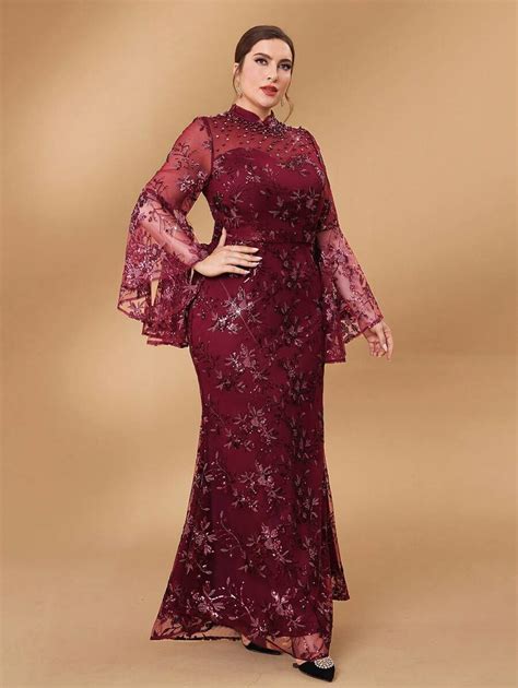 Shein Belle Plus Size Wine Red Embroidered Fabric Elegant Chinese