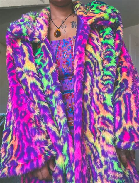 Rainbow Leopard Print Faux Fur Rave Festival Coat, Animal Print ...