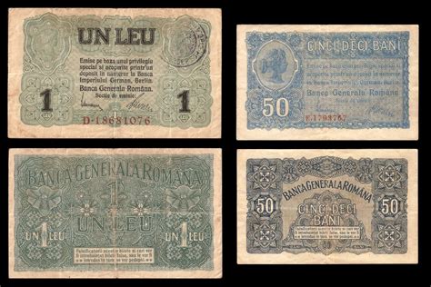 Bancnote Romania Bani Vechi 1 Leu 1917 BGR Cu Stampila 50 Ban