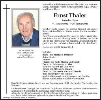 Traueranzeigen Von Ernst Thaler Trauer Bz