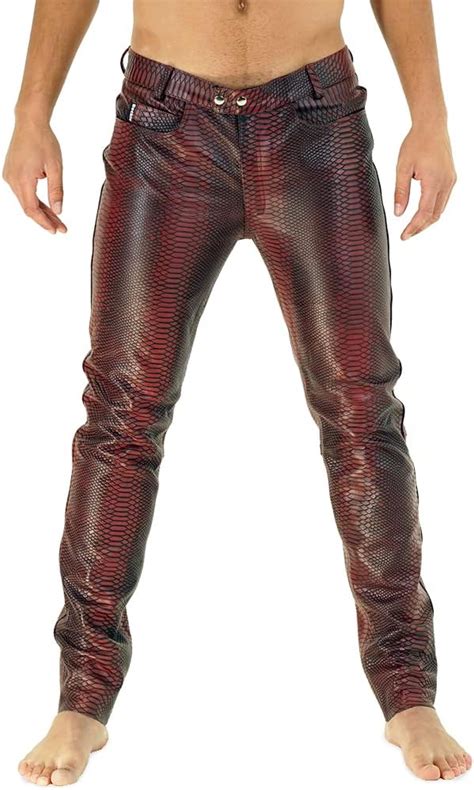 Bockle Flash Leather Pants Tube Röhre Skinny Slim Fit Herren Rot