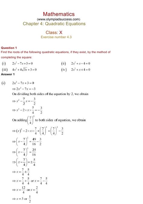 Quadratic Equation Solutions Class 10th Tessshebaylo