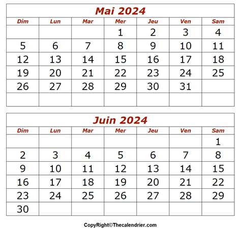 Calendrier Mai juin 2024 à imprimer The Calendrier