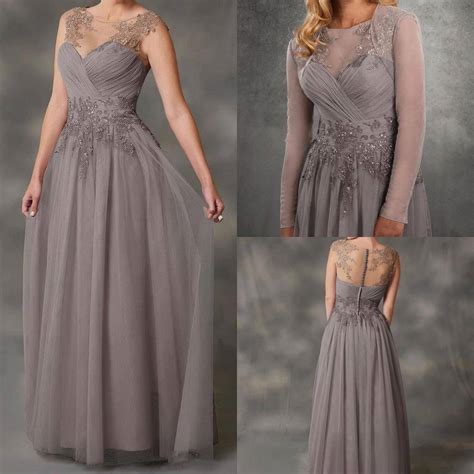 A Line Mother Of The Bride Dresses Gray Chiffon With Jacket Applique Lace Evening Dresses Robe