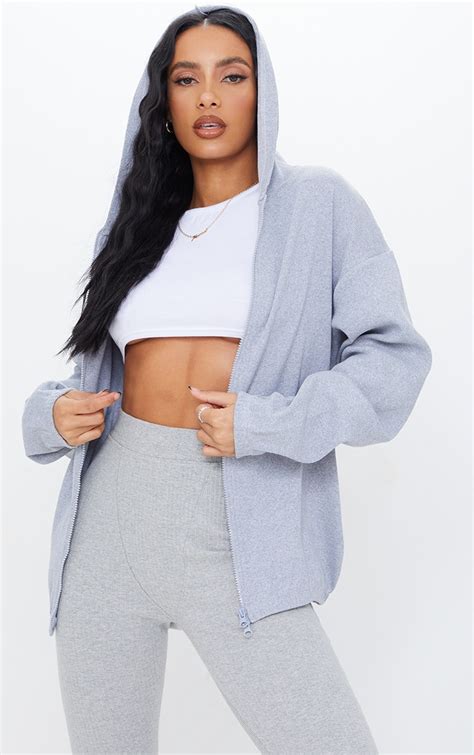 Grey Oversized Rib Zip Up Hoodie Tops Prettylittlething