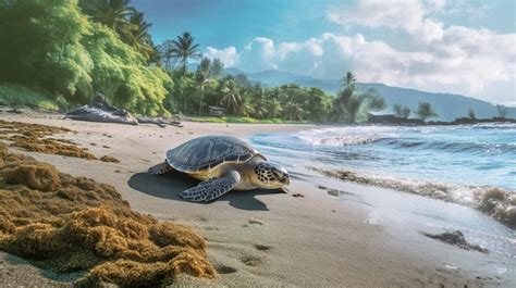 Premium Ai Image A Sea Turtle Making Its Way Onto The Beach