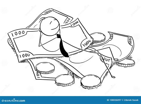 Conceptual Cartoon of Businessman Lying on Pile of Money Stock Vector ...