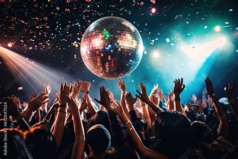 party  concert stage  disco ball   disco era stock photo