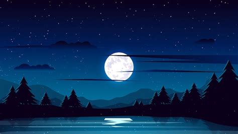 Premium Vector | Moon night landscape vector illustration pine tree ...