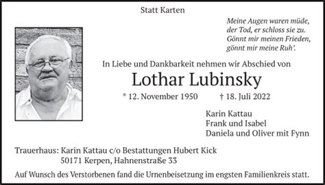 Traueranzeigen Von Lothar Lubinsky Wirtrauern