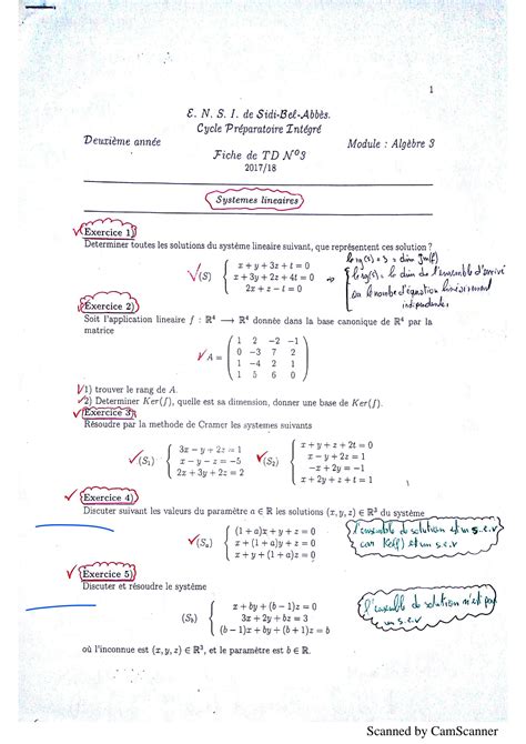 SOLUTION Exercices Corrige Systemes Lineaires Algebre Studypool