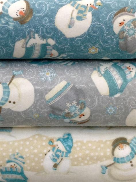 Snowman Winter Christmas Flannel Fabric blue gray cream I