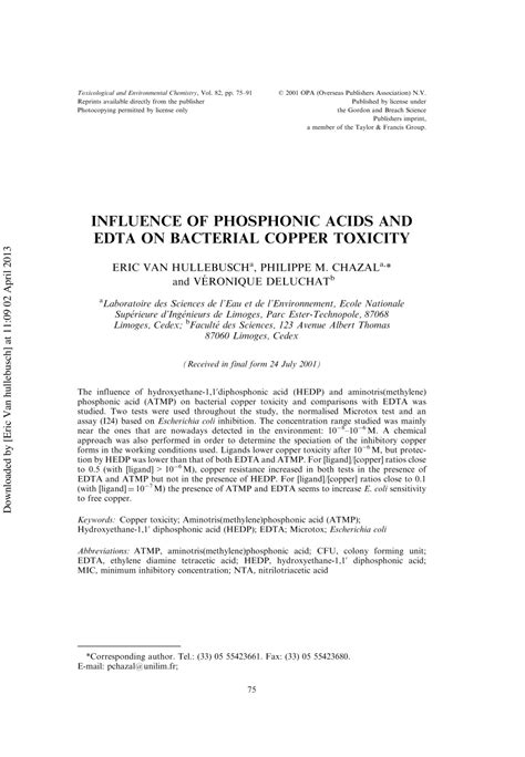 Pdf Influence Of Phosphonic Acids And Edta On Bacterial Copper Toxicity