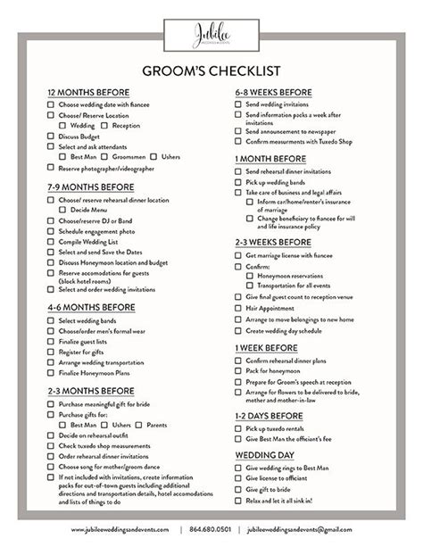 Grooms Checklist Upstate Sc Wedding Planner Jubilee Weddings And