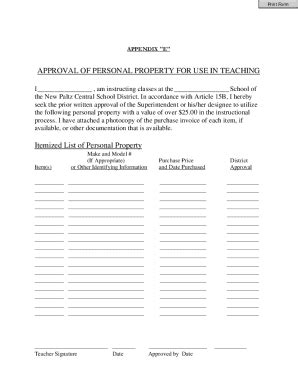 Fillable Online Approval Of Personal Property For Use In Teaching Fax