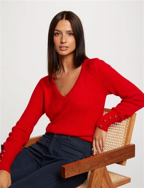 Pull Manches Longues Col En V Rouge Femme Morgan