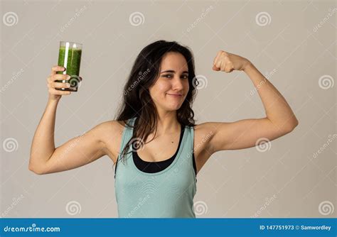 Beautiful Fit Sport Latin Woman Drinking Healthy Fresh Vegetable