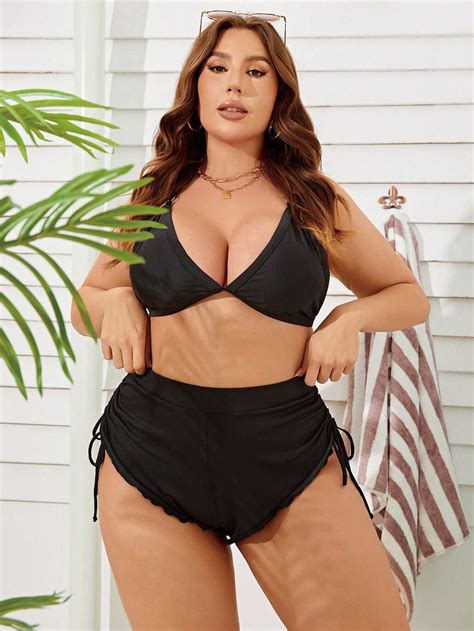 Shein Swim Curve Summer Beach Plus Lettuce Trim Drawstring Side Bikini