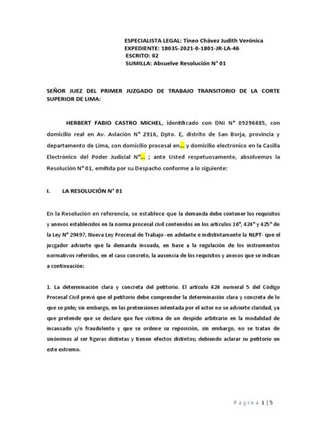 Escrito De Subsanación Pdf Demanda Judicial Ley Procesal