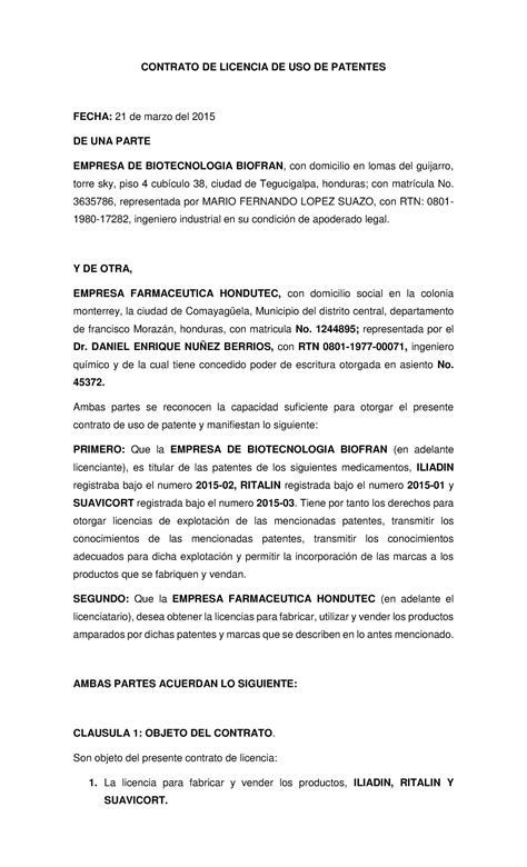 Contrato DE Licencia DE USO DE Patentes 1 CONTRATO DE LICENCIA DE USO