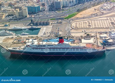 Aerial View of Ship Queen ELizabeth 2 in the Port of Dubai, UAE ...