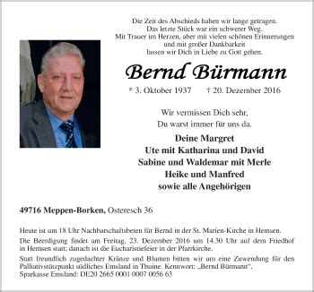 Traueranzeigen Von Bernd B Rmann Noz Trauerportal