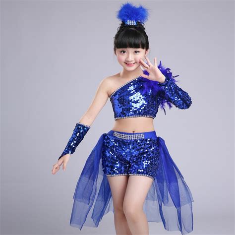 Children Sequined Feather Royal Blue Red Modern Jazz Dance Costumes For