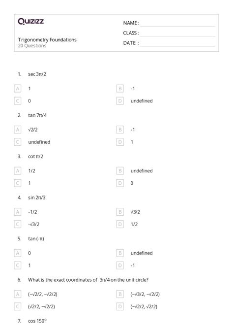 Trigonometry Worksheets For Th Grade On Quizizz Free Printable