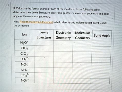 SOLVED: II. Calculate the formal charge of each of the ions listed in ...