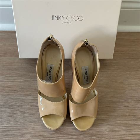 Jimmy Choo Nude Patent Leather Banded Heels Gem