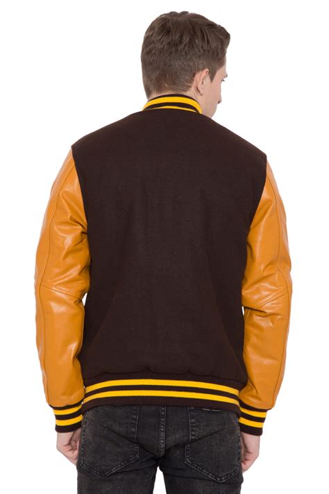 Light Gold Leather Sleeves And Brown Wool Body Varsity Jacket Men Caliber Apparels